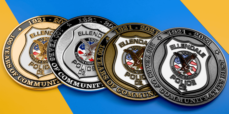 law enforcement coins in various metal plating styles